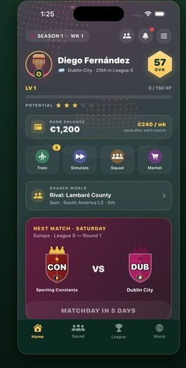 Globe Cup home screen — player Diego Fernández, overall rating 57, next match Sporting Constanța vs Dublin City