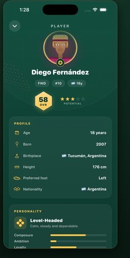 Player profile: overall rating, potential, profile details and personality traits.