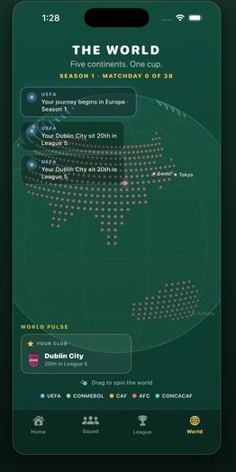The World screen: a dotted world map, five continents, and a live world pulse of results.